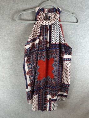 Lifestyle Brand Boho Halter Neck Paisley Print Top Women's Size M Red White Navy